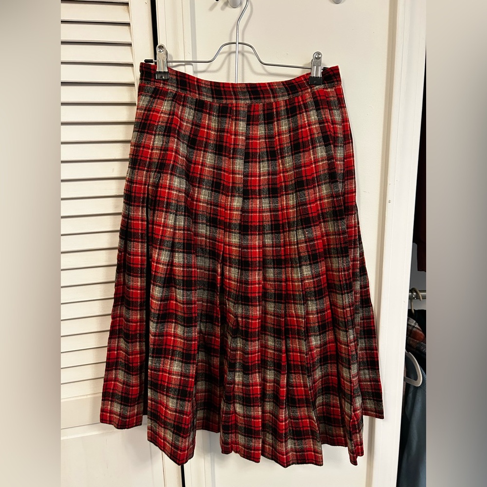 Vintage Wool Red Plaid Pleated Skirt